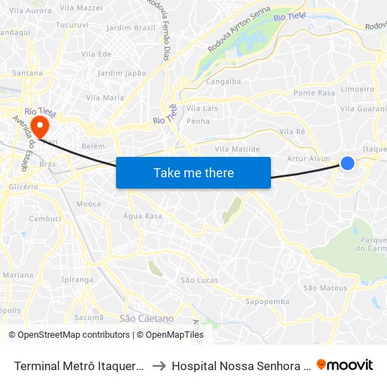 Terminal Metrô Itaquera Norte to Hospital Nossa Senhora do Pari map