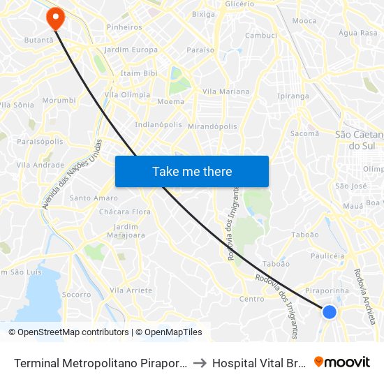 Terminal Metropolitano Piraporinha to Hospital Vital Brazil map