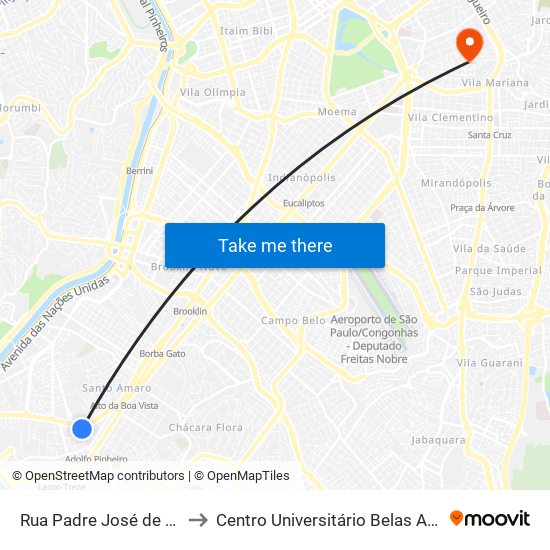 Rua Padre José de Anchieta 182 to Centro Universitário Belas Artes de São Paulo map