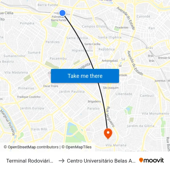 Terminal Rodoviário Barra Funda to Centro Universitário Belas Artes de São Paulo map