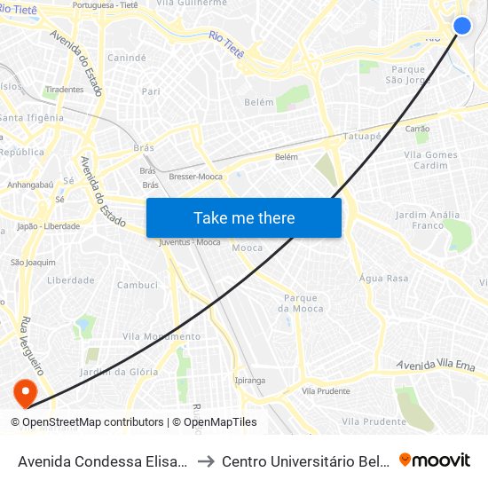 Avenida Condessa Elisabeth De Robiano 4810 to Centro Universitário Belas Artes de São Paulo map