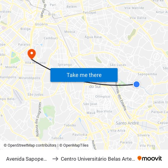 Avenida Sapopemba, 1568 to Centro Universitário Belas Artes de São Paulo map