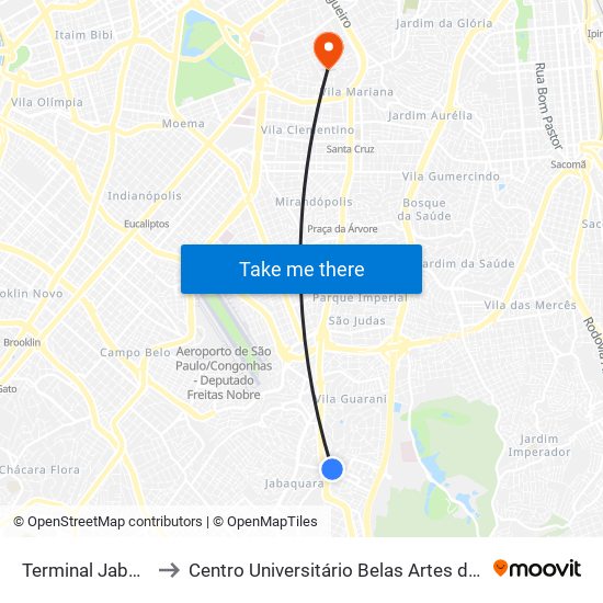Terminal Jabaquara to Centro Universitário Belas Artes de São Paulo map