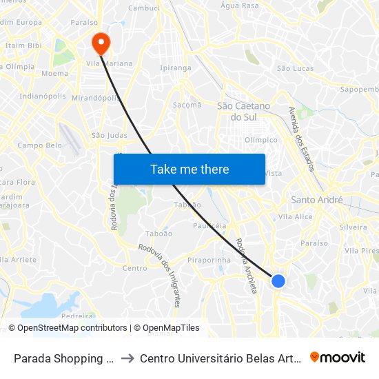 Parada Shopping Metropole to Centro Universitário Belas Artes de São Paulo map