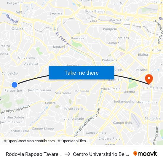 Rodovia Raposo Tavares (Km 19/São Paulo) to Centro Universitário Belas Artes de São Paulo map