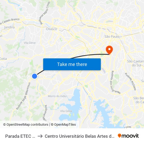Parada ETEC Embú to Centro Universitário Belas Artes de São Paulo map