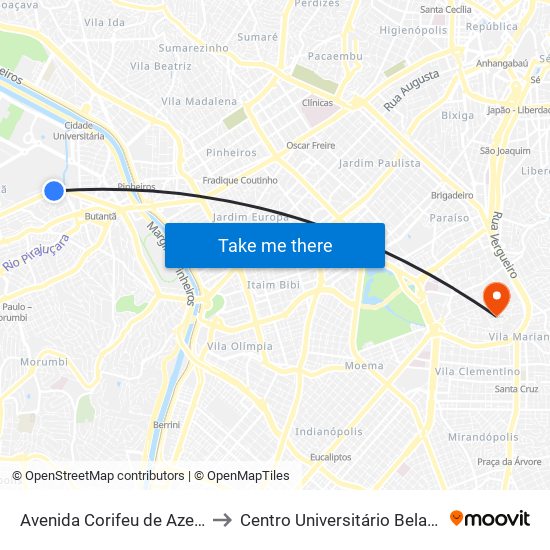 Avenida Corifeu de Azevedo Marques 137 to Centro Universitário Belas Artes de São Paulo map
