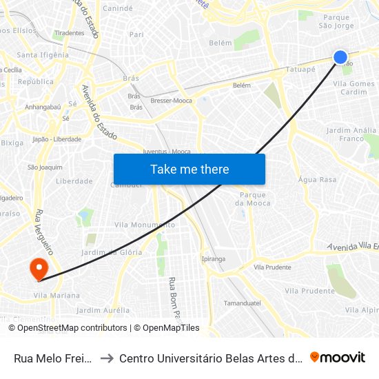 Rua Melo Freire 227 to Centro Universitário Belas Artes de São Paulo map
