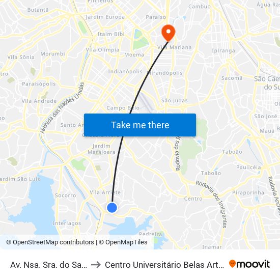 Av. Nsa. Sra. do Sabará, 4455 to Centro Universitário Belas Artes de São Paulo map