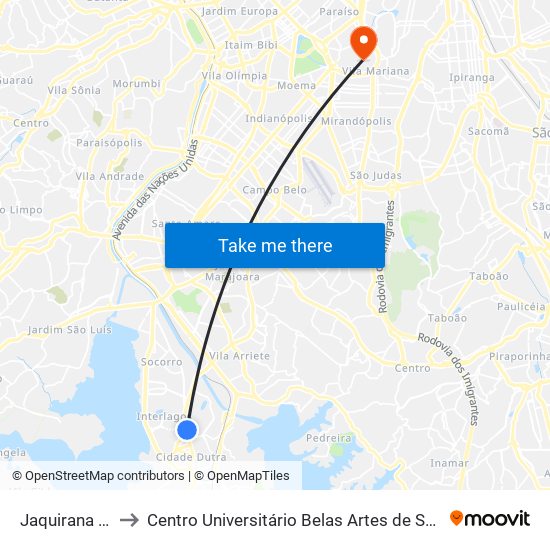 Jaquirana B/C to Centro Universitário Belas Artes de São Paulo map