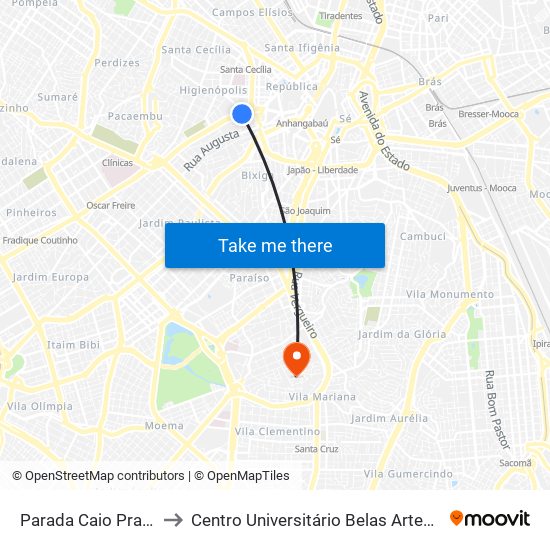 Parada Caio Prado (B/C) to Centro Universitário Belas Artes de São Paulo map