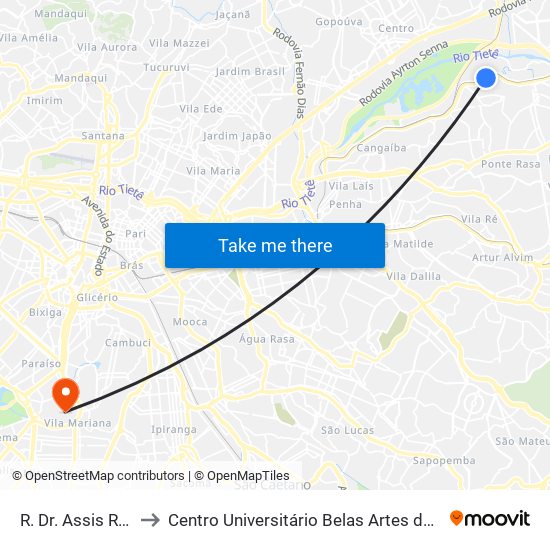 R. Dr. Assis Ribeiro to Centro Universitário Belas Artes de São Paulo map