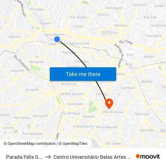 Parada Félix Guilhem to Centro Universitário Belas Artes de São Paulo map