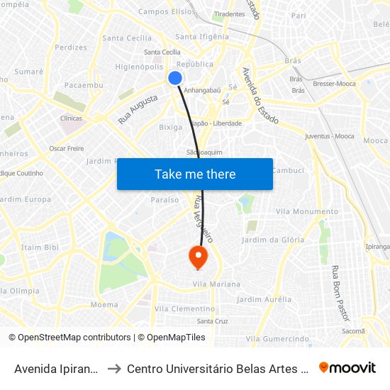 Avenida Ipiranga, 102 to Centro Universitário Belas Artes de São Paulo map