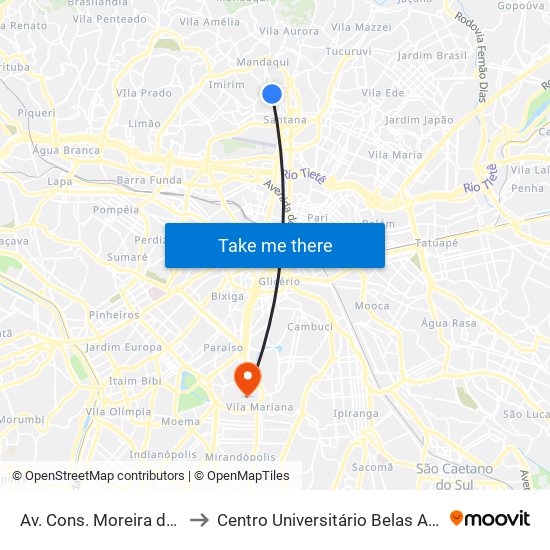 Av. Cons. Moreira de Barros, 728 to Centro Universitário Belas Artes de São Paulo map