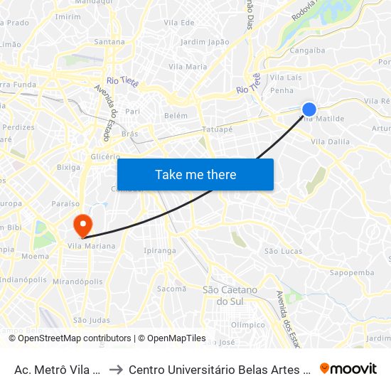 Ac. Metrô Vila Matilde to Centro Universitário Belas Artes de São Paulo map