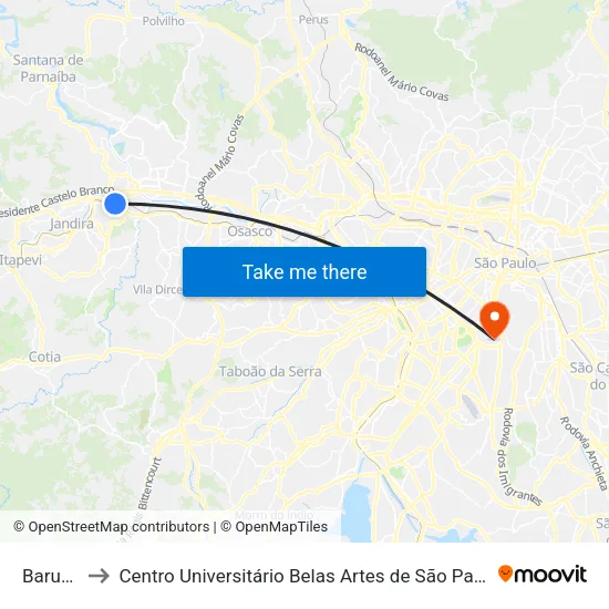Barueri to Centro Universitário Belas Artes de São Paulo map