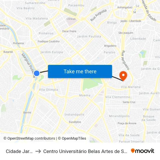 Cidade Jardim to Centro Universitário Belas Artes de São Paulo map