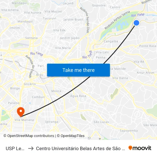 USP Leste to Centro Universitário Belas Artes de São Paulo map