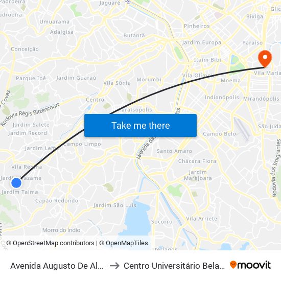 Avenida Augusto De Almeida Batista 2070 to Centro Universitário Belas Artes de São Paulo map