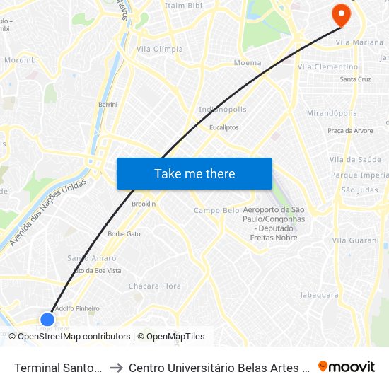 Terminal Santo Amaro to Centro Universitário Belas Artes de São Paulo map