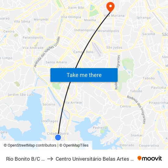 Rio Bonito B/C Central to Centro Universitário Belas Artes de São Paulo map