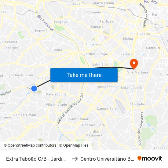Extra Taboão C/B - Jardim Jamaica, Taboão da Serra to Centro Universitário Belas Artes de São Paulo map