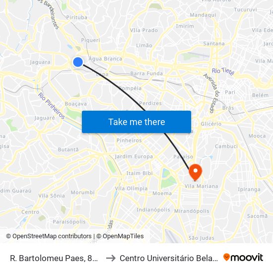 R. Bartolomeu Paes, 802 - Lapa, São Paulo to Centro Universitário Belas Artes de São Paulo map