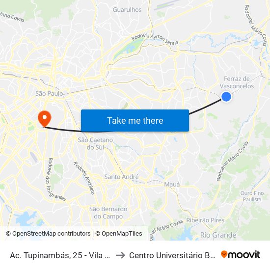 Ac. Tupinambás, 25 - Vila Zita, Ferraz de Vasconcelos to Centro Universitário Belas Artes de São Paulo map
