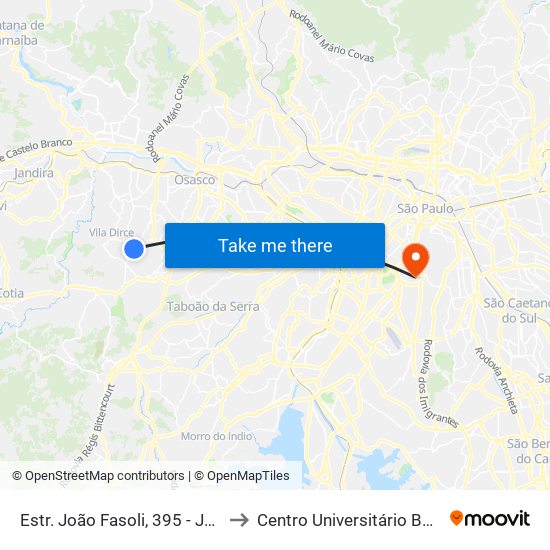 Estr. João Fasoli, 395 - Jardim Marilu, Carapicuíba to Centro Universitário Belas Artes de São Paulo map