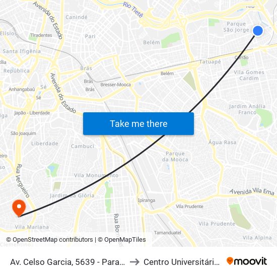 Av. Celso Garcia, 5639 - Parada Retiro 1/2/3 - Maranhão, São Paulo to Centro Universitário Belas Artes de São Paulo map