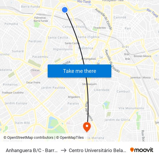 Anhanguera B/C - Barra Funda, São Paulo to Centro Universitário Belas Artes de São Paulo map