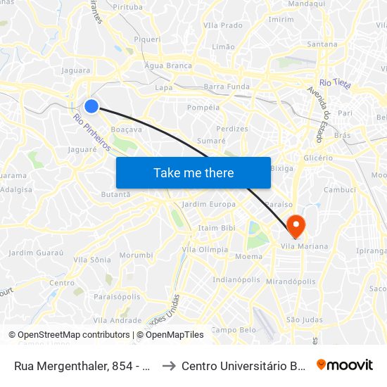 Rua Mergenthaler, 854 - Vila Leopoldina São Paulo to Centro Universitário Belas Artes de São Paulo map