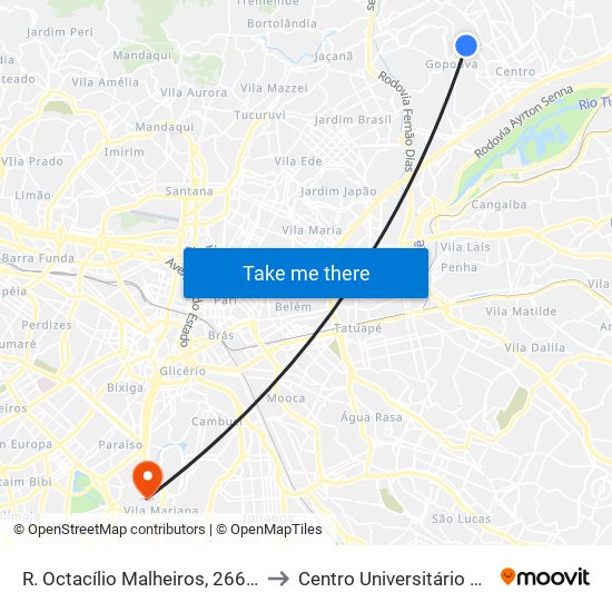 R. Octacílio Malheiros, 266 - Jardim Dourado, Guarulhos to Centro Universitário Belas Artes de São Paulo map