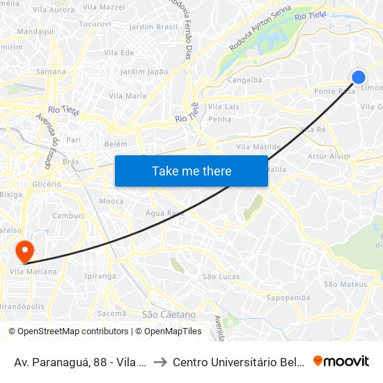 Av. Paranaguá, 88 - Vila Paranagua, São Paulo to Centro Universitário Belas Artes de São Paulo map