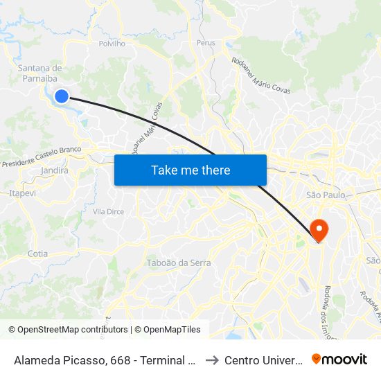 Alameda Picasso, 668 - Terminal do Residencial Burle Marx - Res. Onze (Alphaville), Santana de Parnaíba to Centro Universitário Belas Artes de São Paulo map