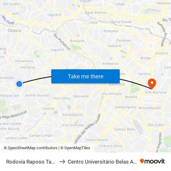 Rodovia Raposo Tavares - Km 18 to Centro Universitário Belas Artes de São Paulo map