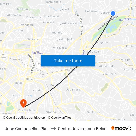 José Campanella - Plataforma Tucuruvi to Centro Universitário Belas Artes de São Paulo map