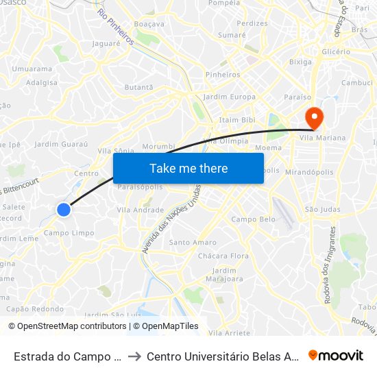 Estrada do Campo Limpo, 4426 to Centro Universitário Belas Artes de São Paulo map