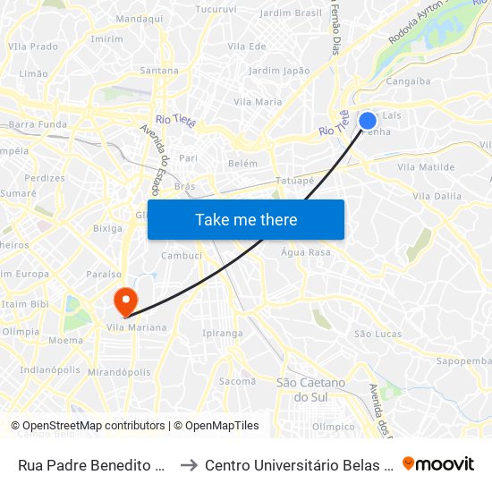 Rua Padre Benedito de Camargo 884 to Centro Universitário Belas Artes de São Paulo map