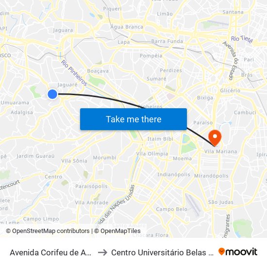 Avenida Corifeu de Azevedo Marques to Centro Universitário Belas Artes de São Paulo map