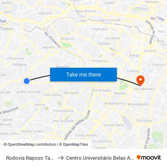 Rodovia Raposo Tavares - Km 16 to Centro Universitário Belas Artes de São Paulo map
