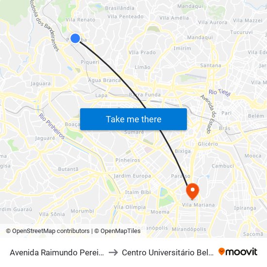 Avenida Raimundo Pereira de Magalhães 5440 to Centro Universitário Belas Artes de São Paulo map
