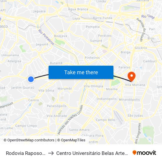 Rodovia Raposo Tavares to Centro Universitário Belas Artes de São Paulo map