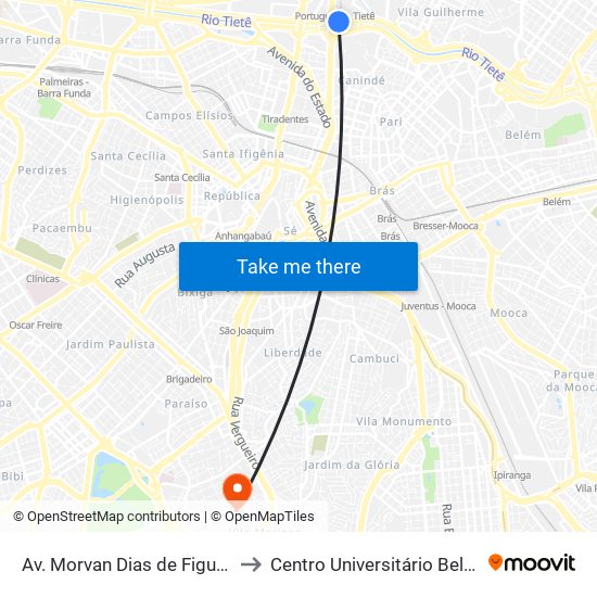 Av. Morvan Dias de Figueiredo - Terminal Tietê to Centro Universitário Belas Artes de São Paulo map