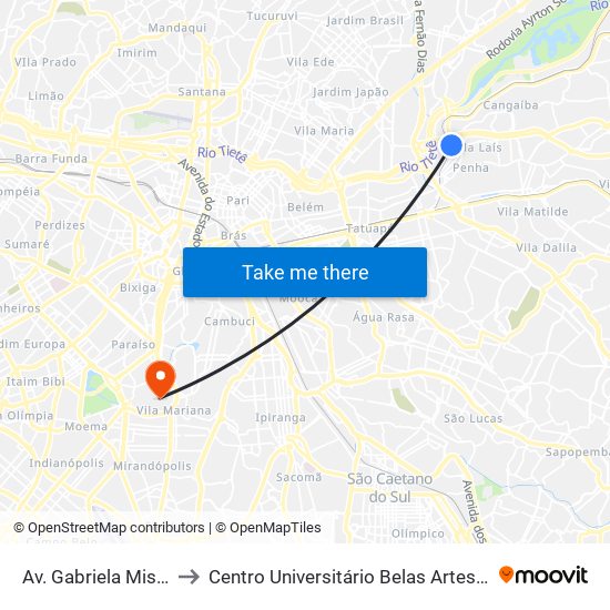 Av. Gabriela Mistral 419 to Centro Universitário Belas Artes de São Paulo map