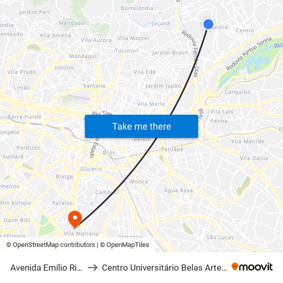 Avenida Emílio Ribas 1884 to Centro Universitário Belas Artes de São Paulo map