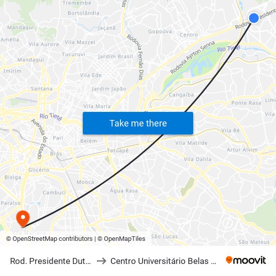 Rod. Presidente Dutra - Braspress to Centro Universitário Belas Artes de São Paulo map