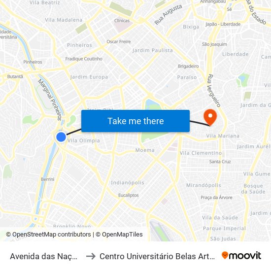 Avenida das Nações Unidas to Centro Universitário Belas Artes de São Paulo map