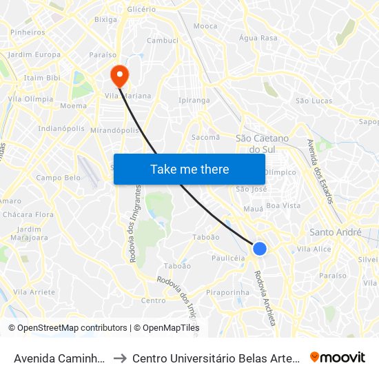 Avenida Caminho do Mar to Centro Universitário Belas Artes de São Paulo map